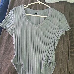 Blue-Gray V-Neck Ribbed Women's Top